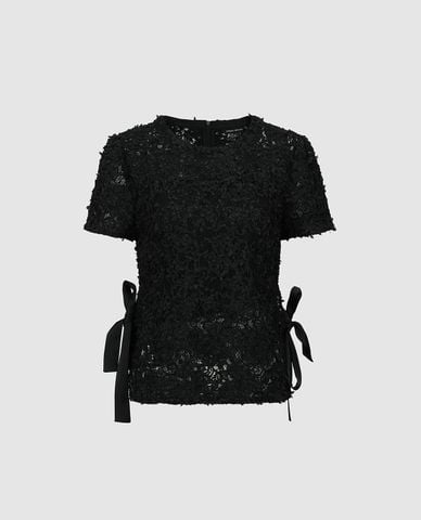  URBAN REVIVO - Áo kiểu nữ ren cổ tròn tay ngắn phối nơ 