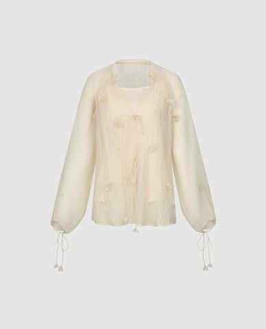  URBAN REVIVO - Áo kiểu nữ đính hoa buộc dây 