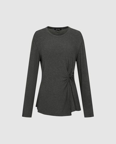  URBAN REVIVO - Áo kiểu nữ cổ tròn tay dài xoắn eo 