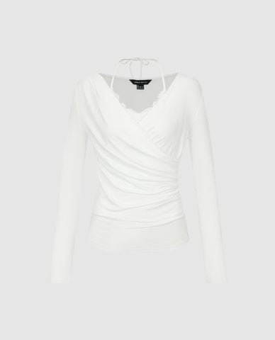  URBAN REVIVO - Áo kiểu nữ cổ V phối dây yếm tay dài 