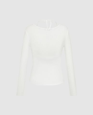  URBAN REVIVO - Áo kiểu nữ cổ V phối dây yếm tay dài 