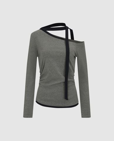  URBAN REVIVO - Áo trễ vai nữ tay dài phối dây cổ 