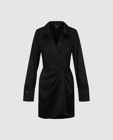  URBAN REVIVO - Đầm mini cổ vest tay dài nhún eo 