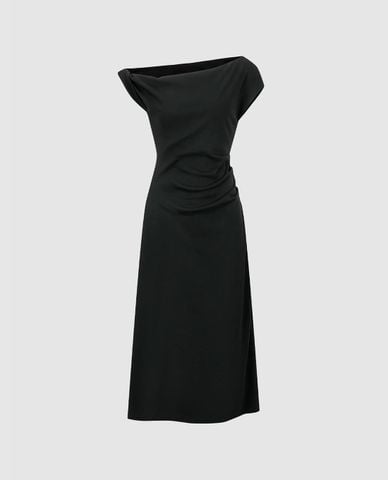  URBAN REVIVO - Đầm trễ vai midi xếp nếp phom ôm 