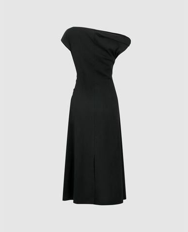  URBAN REVIVO - Đầm trễ vai midi xếp nếp phom ôm 