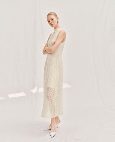  URBAN REVIVO - Đầm sát nách midi cổ cao phối ren 