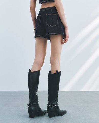  URBAN REVIVO - Quần short giả váy nữ denim phối thắt lưng 