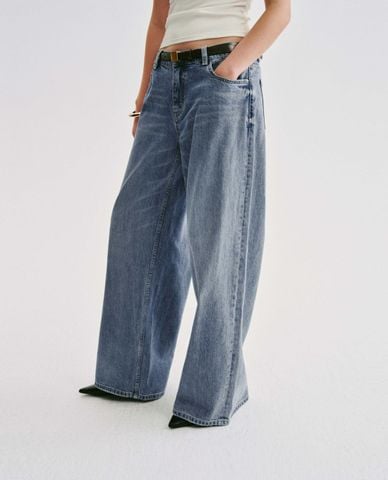  URBAN REVIVO - Quần jeans nữ ống rộng kèm thắt lưng 
