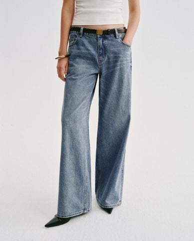  URBAN REVIVO - Quần jeans nữ ống rộng kèm thắt lưng 