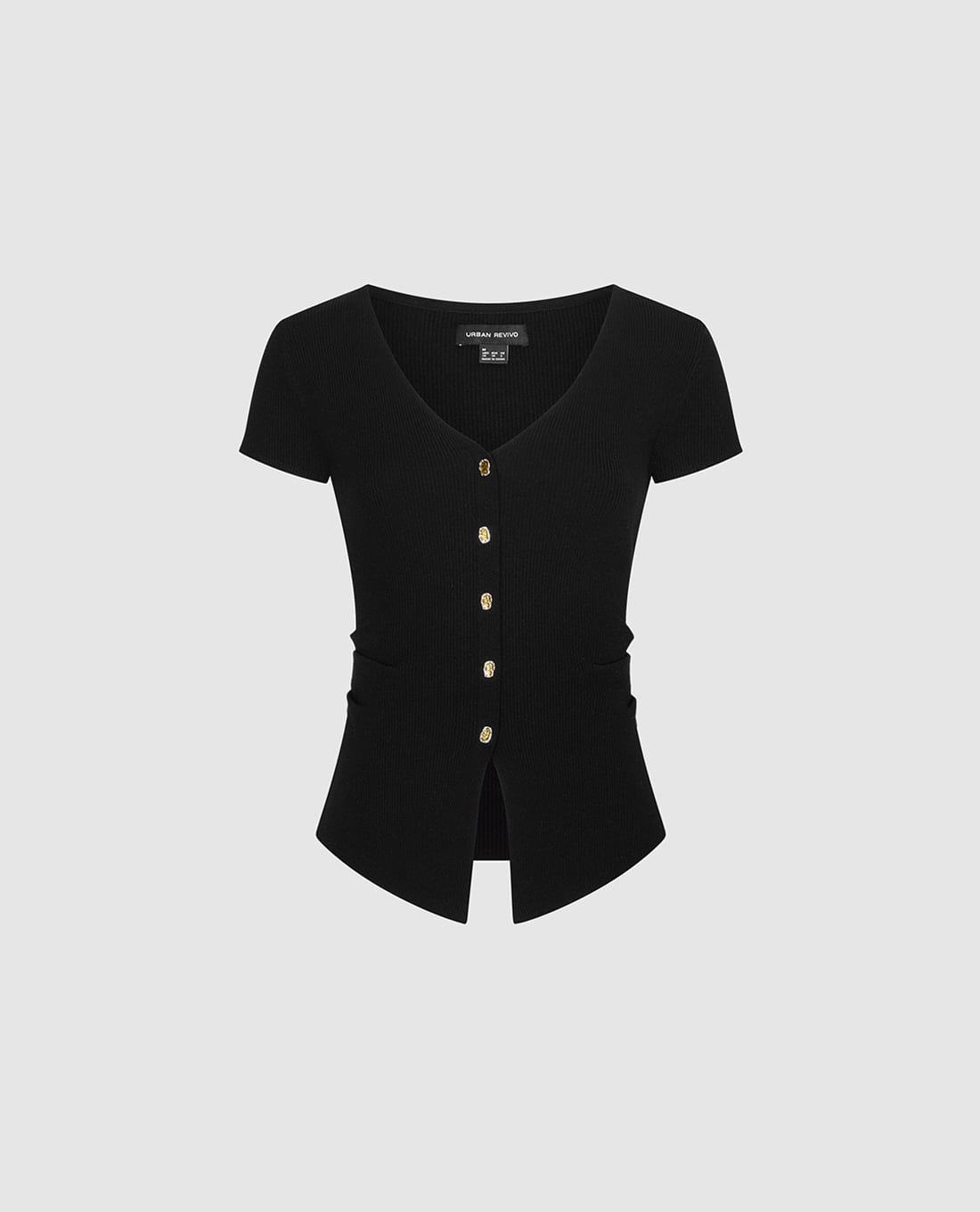 URBAN REVIVO - Áo dệt kim nữ cổ V tay ngắn phối nút