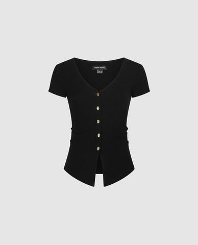  URBAN REVIVO - Áo dệt kim nữ cổ V tay ngắn phối nút 