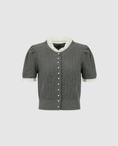  URBAN REVIVO - Áo dệt kim nữ cổ tròn tay ngắn viền bèo 
