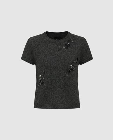  URBAN REVIVO - Áo dệt kim nữ cổ tròn tay ngắn đính cườm 
