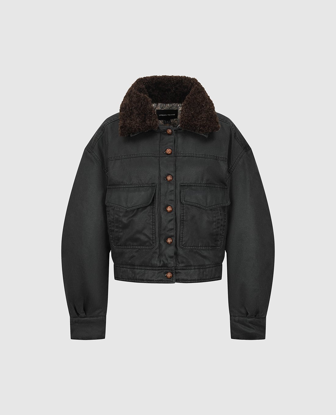 URBAN REVIVO - Áo khoác croptop nữ viền lông phối túi