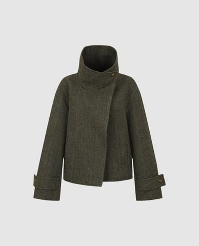 URBAN REVIVO - Áo khoác croptop nữ cổ đứng họa tiết xương cá 