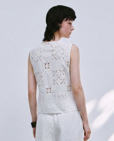  URBAN REVIVO - Áo sát nách nữ ren thêu buộc nơ 