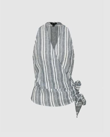  URBAN REVIVO - Áo kiểu nữ cổ yếm buộc nơ kẻ sọc 