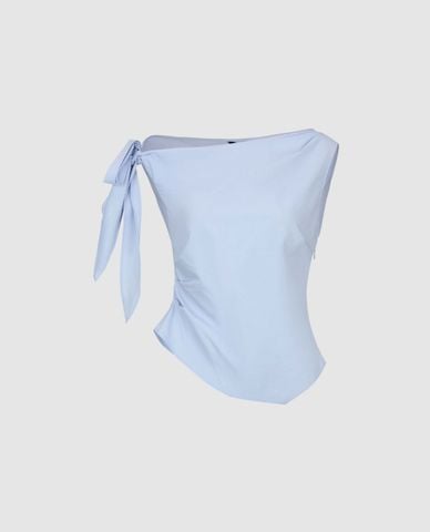  URBAN REVIVO - Áo trễ vai nữ thắt nơ xếp nếp 