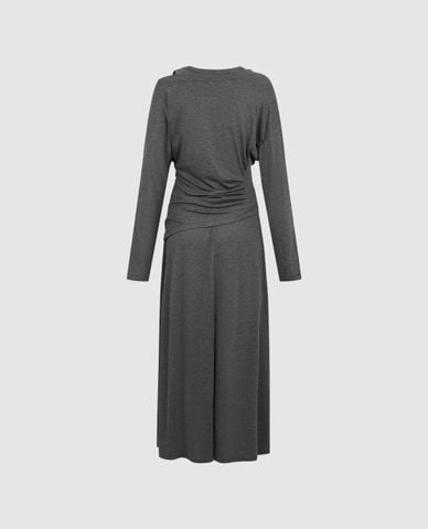  URBAN REVIVO - Đầm midi tay dài lệch vai xếp nhún 