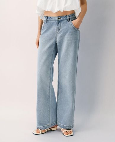  URBAN REVIVO - Quần jeans nữ ống rộng wash bạc 