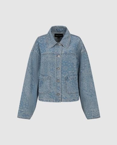  URBAN REVIVO - Áo khoác denim nữ cổ bẻ tay dài dệt họa tiết 