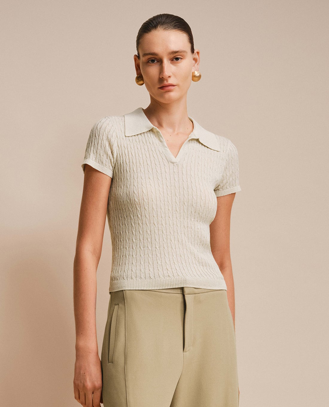 URBAN REVIVO - Áo polo nữ dệt kim cổ bẻ tay ngắn