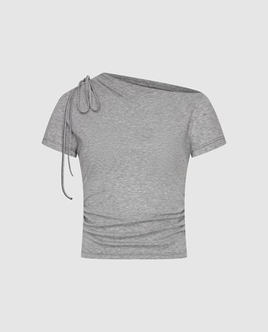  URBAN REVIVO - Áo kiểu nữ cổ đổ tay ngắn rút dây 