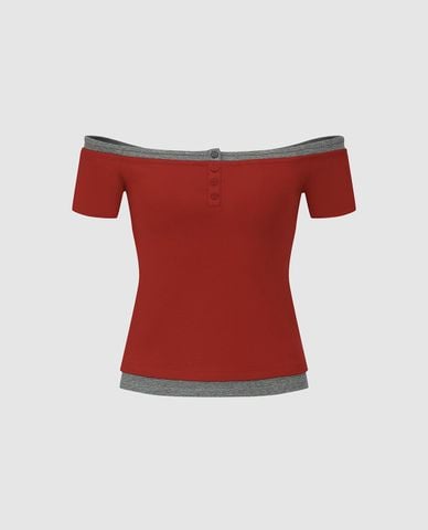  URBAN REVIVO - Áo trễ vai nữ phối lớp tương phản 