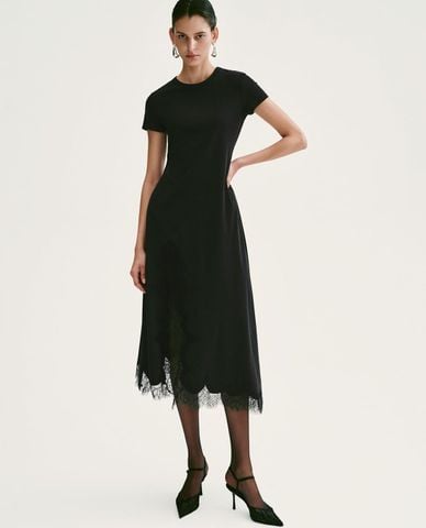  URBAN REVIVO - Đầm midi cổ tròn tay ngắn viền ren 