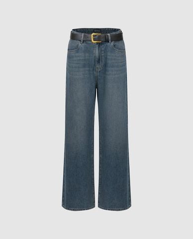  URBAN REVIVO - Quần jeans nữ ống rộng phối thắt lưng 