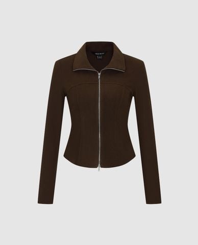 URBAN REVIVO - Áo khoác dệt kim nữ tay dài phối khóa zip 