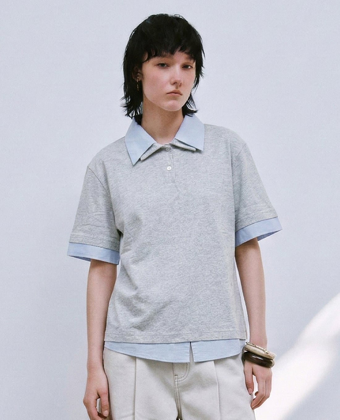 URBAN REVIVO - Áo polo nữ cổ bẻ tay ngắn phối layer