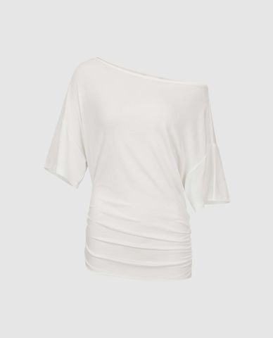  URBAN REVIVO - Áo trễ vai nữ tay lửng nhún eo 