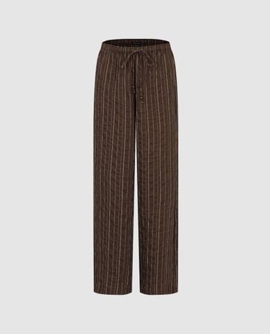  URBAN REVIVO - Quần nữ ống rộng phối dây rút kẻ sọc 