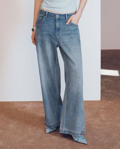  URBAN REVIVO - Quần jeans nữ ống rộng wash bạc 