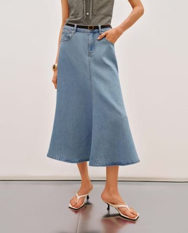  URBAN REVIVO - Chân váy denim midi kèm thắt lưng 