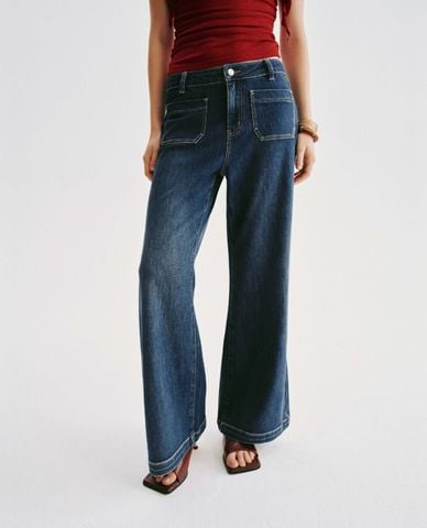  URBAN REVIVO - Quần jeans nữ ống loe wash bạc 