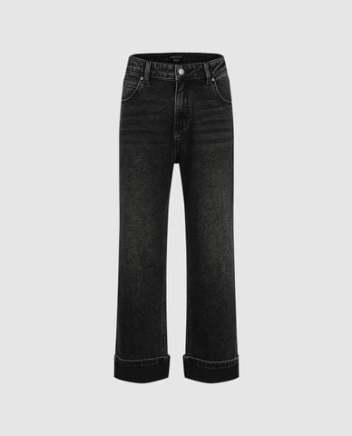  URBAN REVIVO - Quần jeans nữ ống đứng xắn gấu 