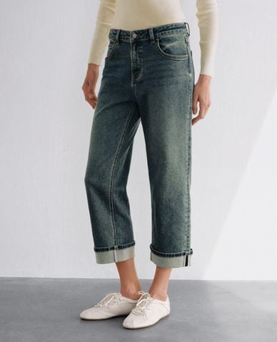  URBAN REVIVO - Quần jeans nữ ống đứng xắn gấu 