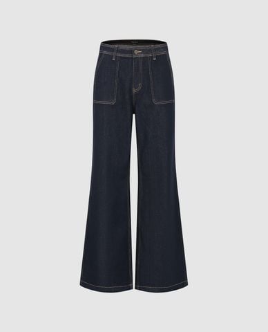  URBAN REVIVO - Quần jeans nữ ống loe viền chỉ phối túi 