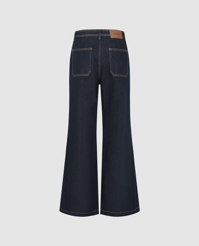  URBAN REVIVO - Quần jeans nữ ống loe viền chỉ phối túi 