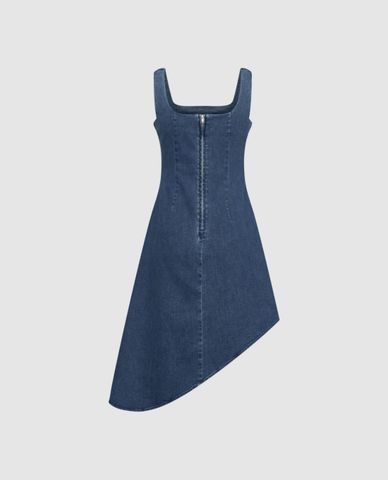 URBAN REVIVO - Đầm denim mini hai dây bất đối xứng 