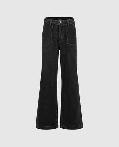  URBAN REVIVO - Quần jeans nữ ống loe viền chỉ phối túi 