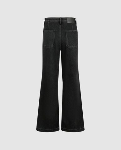  URBAN REVIVO - Quần jeans nữ ống loe viền chỉ phối túi 