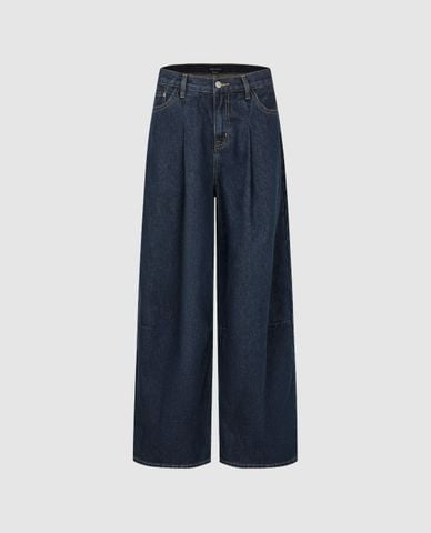  URBAN REVIVO - Quần jeans nữ ống rộng xếp li 