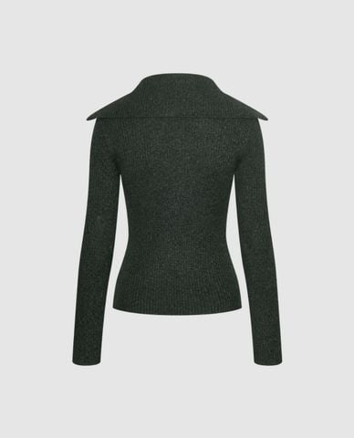 URBAN REVIVO - Áo dệt kim nữ cổ bẻ tay dài khóa kéo 
