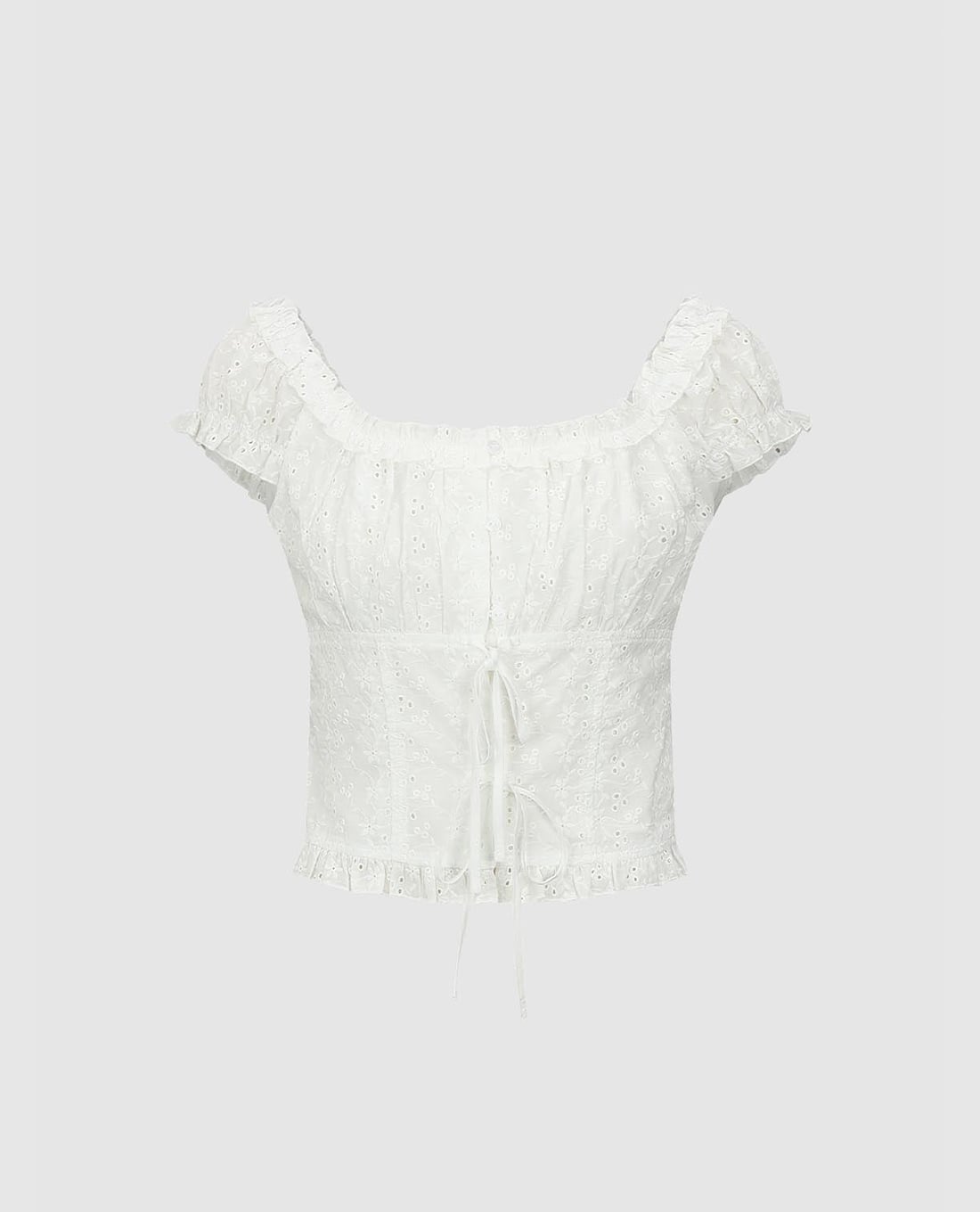 URBAN REVIVO - Áo croptop nữ cổ vuông tay ngắn phối bèo