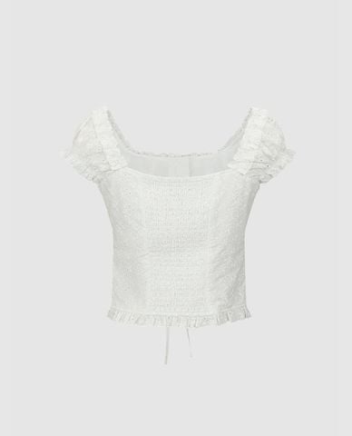  URBAN REVIVO - Áo croptop nữ cổ vuông tay ngắn phối bèo 