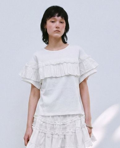  URBAN REVIVO - Áo kiểu nữ cổ tròn tay ngắn bèo nhún 