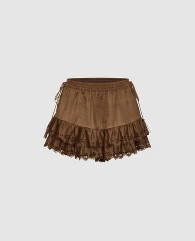  URBAN REVIVO - Quần short giả váy nữ xếp tầng phối bèo 